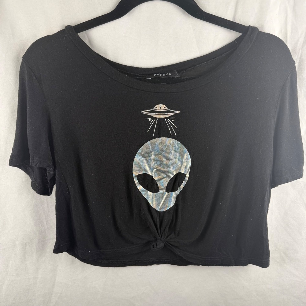 Papaya Cropped Black Silver Alien T-Shirt Knot Tie‎ Waist Medium Indie Goth